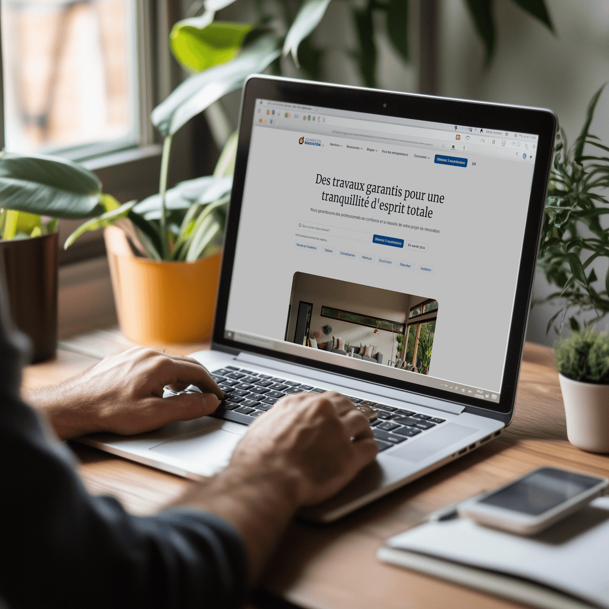 Personne utilisant un ordinateur portable affichant une page web de services garantis pour des travaux, entourée de plantes sur un bureau lumineux.