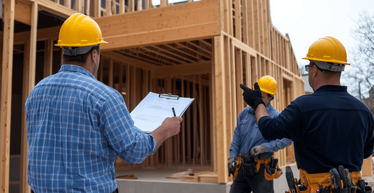 Inspection de chantier avec trois ouvriers en casque jaune devant une structure en bois en cours de construction.