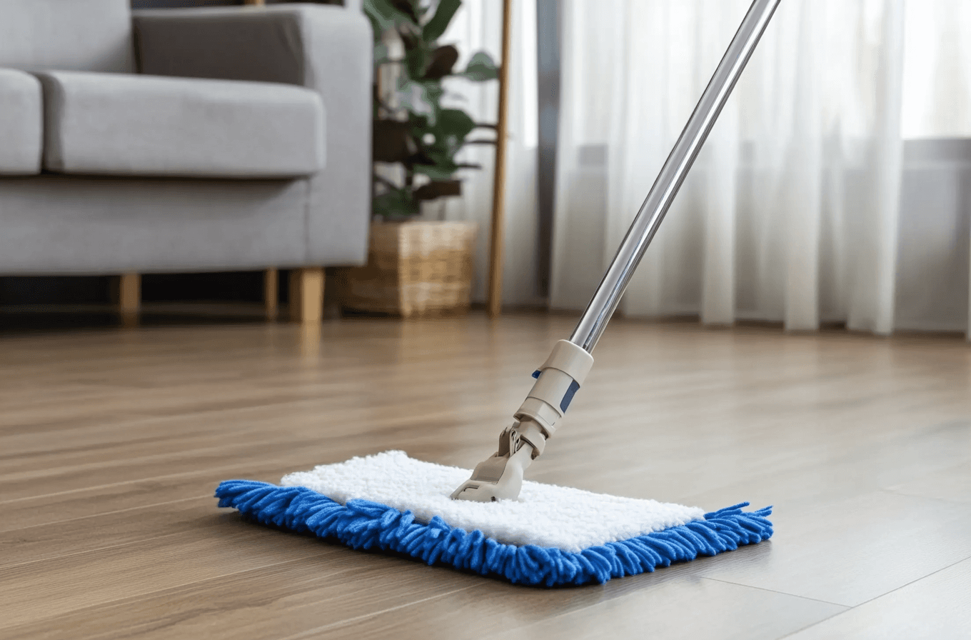 Nettoyage du sol avec une vadrouille en microfibre dans un salon moderne avec parquet et canapé gris.