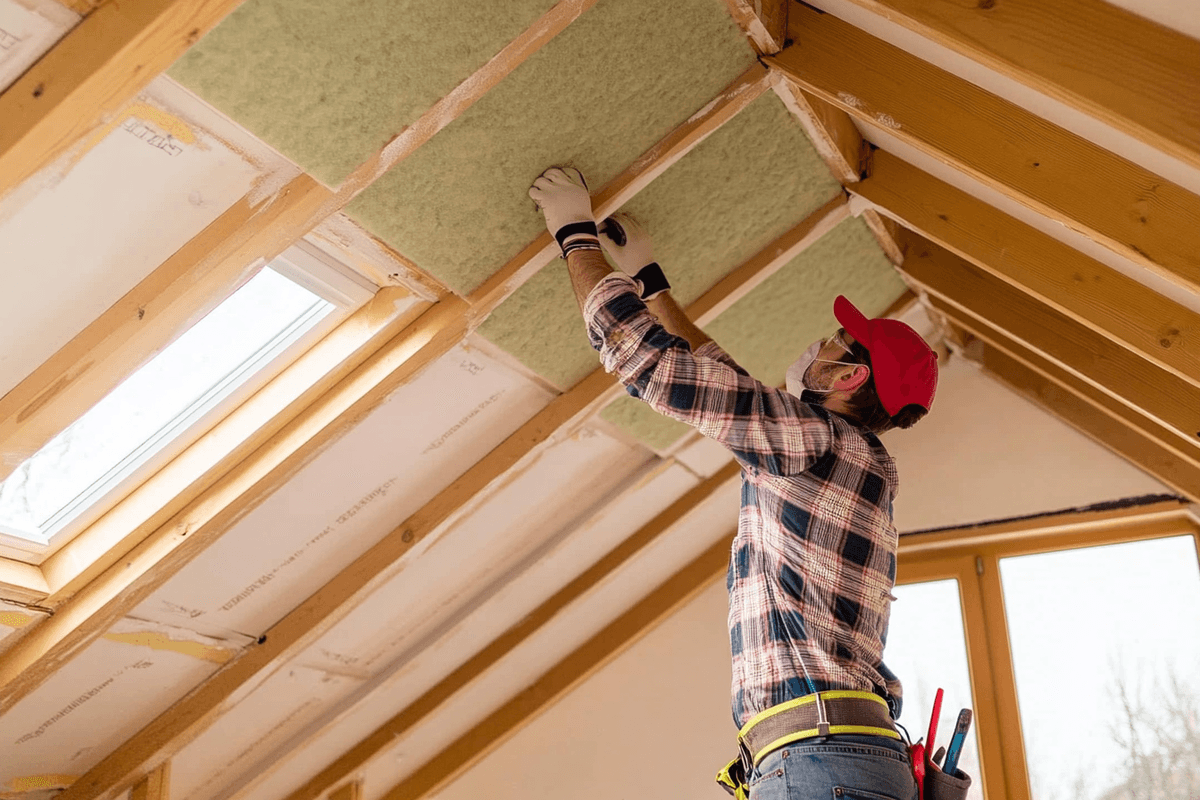 Travailleur installant de l’isolant sous un toit en bois dans un grenier en rénovation, portant des gants et une casquette rouge.