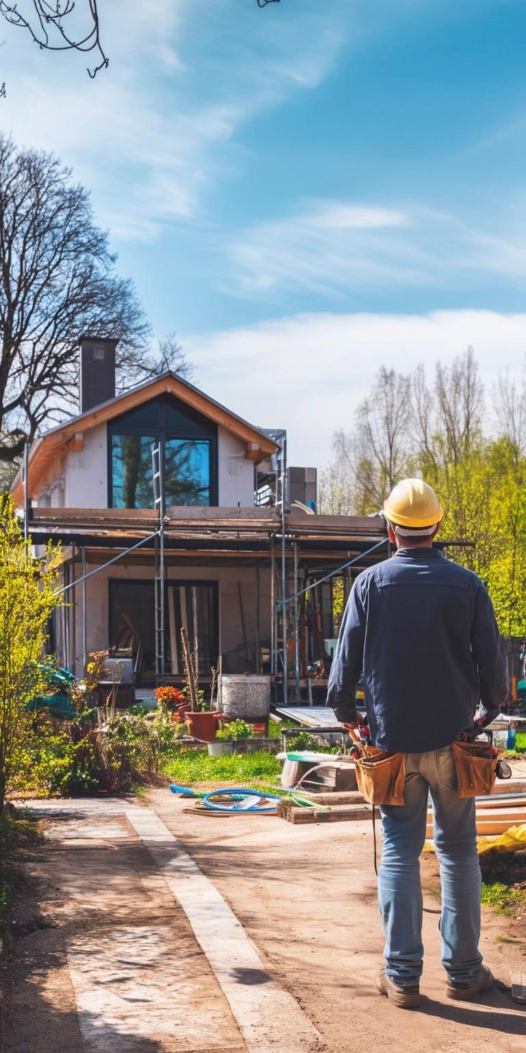 Ouvrier en chantier observant la rénovation d'une maison entourée d'échafaudages
