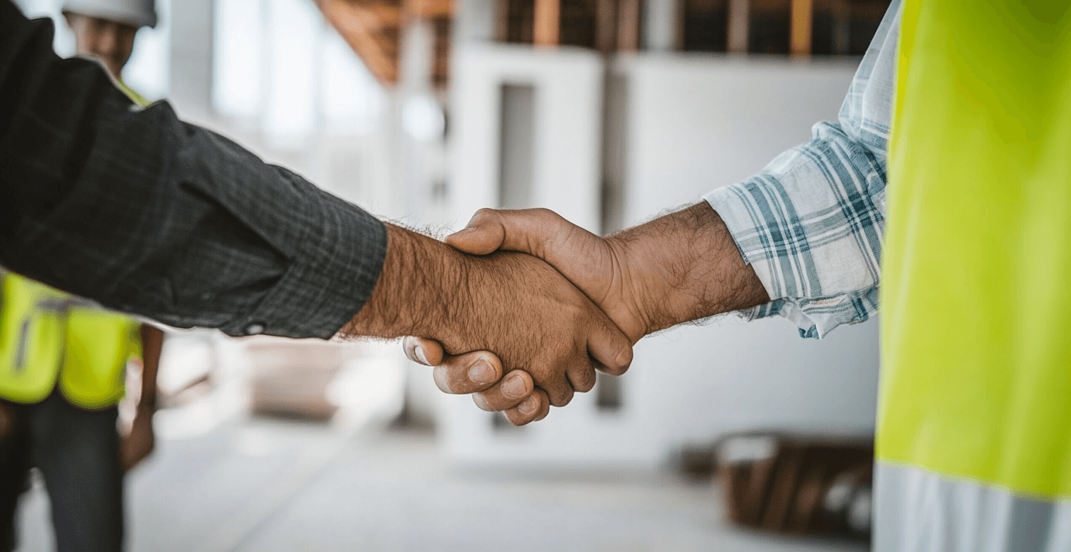 Poignée de main entre deux professionnels sur un chantier de construction, symbolisant un accord ou un partenariat.