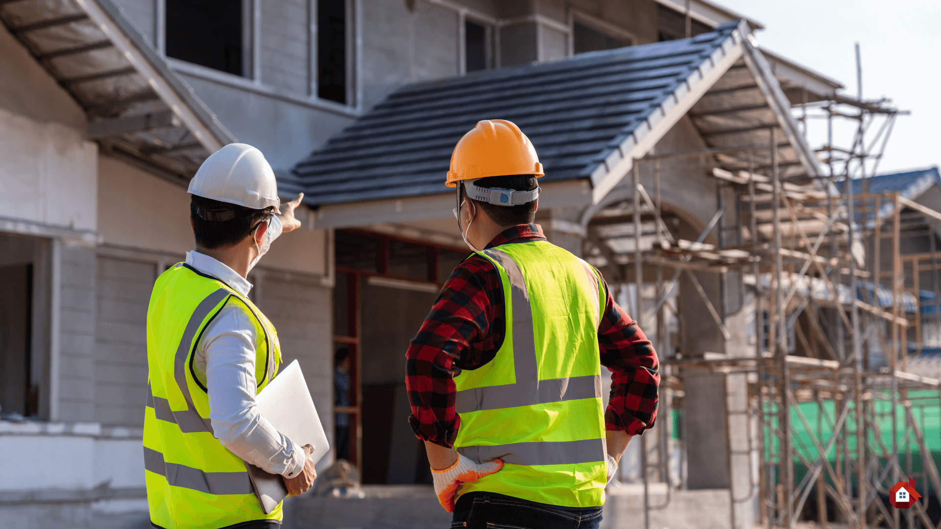 deux personnes devant une maison en construction&nbsp;